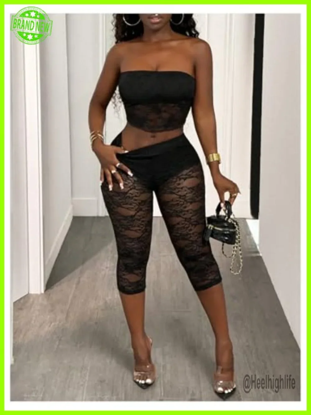 Lace Trim Capri Leggings High Waist See Through Cropped Pants